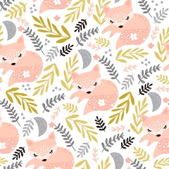 Door stickers Fox Seamless woodland pattern with sleeping fox and floral elements . Creative kids for fabric, wrapping, textile, wallpaper, apparel. Vector illustration