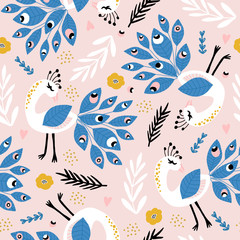 Seamless pattern with peacoks and loral elements. Creative childish texture. Great for fabric, textile Vector Illustration