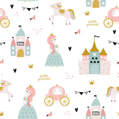 Fototapety  Childish seamless pattern with princess, castle, carriage in scandinavian style. Creative vector childish background for fabric, textile