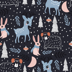 Seamless winter pattern with dear, bunny, bear and holiday elements . Creative kids for fabric, wrapping, textile, wallpaper, apparel. Vector illustration