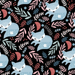 Seamless woodland pattern with sleeping fox and floral elements . Creative kids for fabric, wrapping, textile, wallpaper, apparel. Vector illustration