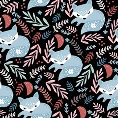 Wall murals Fox Seamless woodland pattern with sleeping fox and floral elements . Creative kids for fabric, wrapping, textile, wallpaper, apparel. Vector illustration