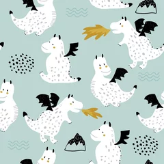 Tapeten Kindisches nahtloses Muster mit niedlichen Drachen im skandinavischen Stil. Kreativer Vektor kindischer Hintergrund für Stoff, Textil © solodkayamari