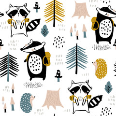 Seamless childish pattern with tourist raccoon with beaver in the forest. Creative kids woodland for fabric, wrapping, textile, wallpaper, apparel. Vector illustration © solodkayamari