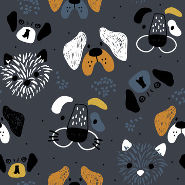 Fototapeta Childish seamless pattern with hand drawn dog's faces. Trendy scandinavian vector background. Perfect for kids apparel,fabric, textile, nursery decoration,wrapping paper