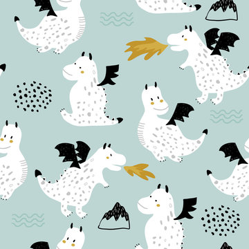 Childish seamless pattern with cute dragons in scandinavian style. Creative vector childish background for fabric, textile