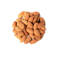 Pile of almonds isolated on white, top view