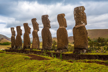 Moai statues in the Rano Raraku Volcano in Easter Island, Rapa Nui National Park, Chile
