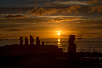 Moai statues in the Rano Raraku Volcano in Easter Island, Rapa Nui National Park, Chile