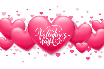 Valentine's day lettering on holiday banner with realistic shiny pink hearts. Template for a banner, poster, shopping, discount, invitation