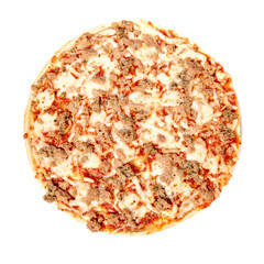 tuna pizza isolated on white, top view