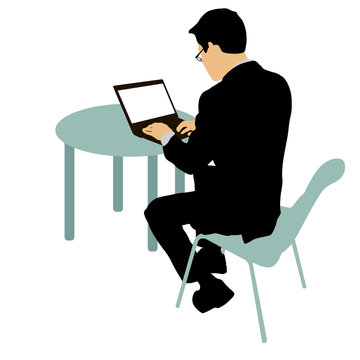 recommend clip art: Black silhouette man sitting behind computer, on a white background