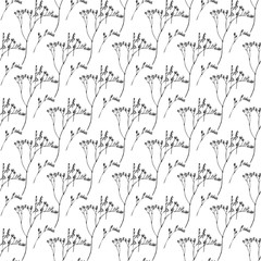 Seamless pattern. Plant in blossom, branch with flower ink sketch. Template for a business card, banner, poster, notebook, invitation, color book