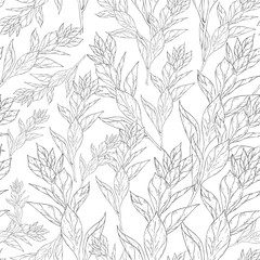 Seamless pattern. Plant in blossom, branch with flower ink sketch. Template for a business card, banner, poster, notebook, invitation, color book