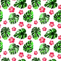 Rolgordijnen Tropische planten Aquarel handgetekende tropische naadloze patroon