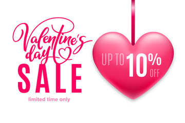 Valentine's day holiday sale 10 percent off with pink heart on white background. Limited time only. Template for a banner, poster, shopping, discount, invitation