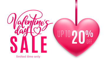 Valentine's day holiday sale 20 percent off with pink heart on white background. Limited time only. Template for a banner, poster, shopping, discount, invitation