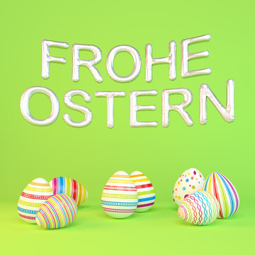 Frohe Ostern - 8 farbenfrohe, bemalte Ostereier auf grünen Hintergrund - Folienballons - Oster