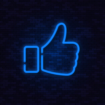 Neon Blue Thumb Up, Hand Like Icon on brick wall. Vector illustration.