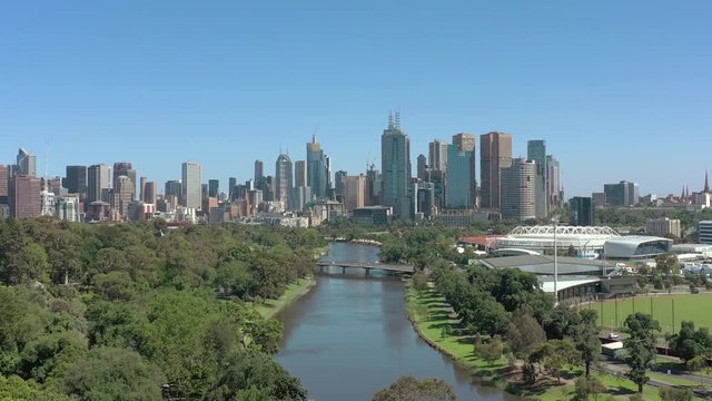 Views of the Melbourne CBD Skyline From the Yarra River Aerial View