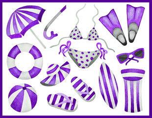 Illustration of watercolor hand drawn Summer vacation set with swimsuit,slippers, umbrella, chaise longue, fins, hat, Lifebuoy, diving, sunglasses. Travel things. Beach. Vintage. Retro, vintage style.