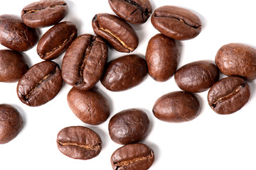 close-up of coffee beans on white background, top view