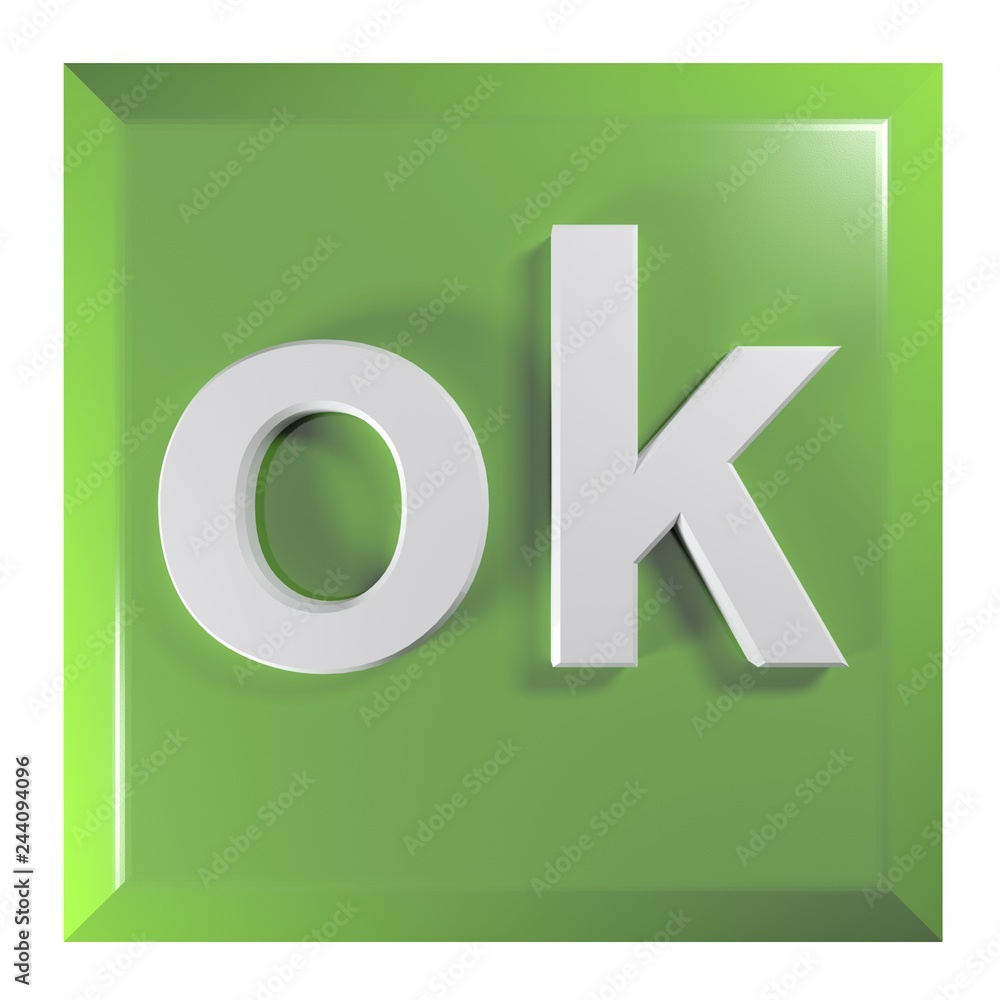Poster green square push button with the write ok - 3d rendering illustration