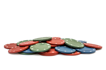 Pile of poker chips on white.