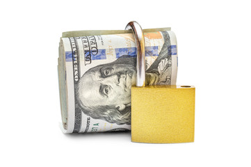 Golden padlock with dollar bills on white.