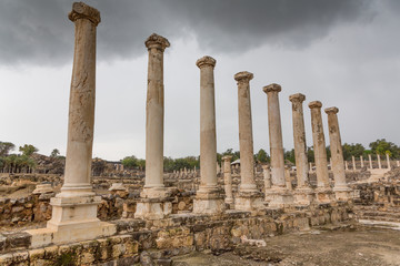 Columns at Remains of the destryed roman city of Beit She'an in the same National Park