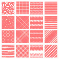 Set, collection of geometric seamless repeat patterns. Hand drawn diagonal parallel stripes, wavy streaks, doodle style waves, bars, uneven net, check, lattice, dots, spots. Trendy living coral color.