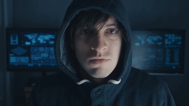 Portrait of Crazy Hacker Programmer demon-possessed. Hacking Hacker.