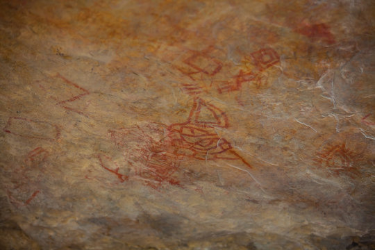 Prehistoric paintings on rock known as petroglyphs in the municipality of Facatativa in Colombia