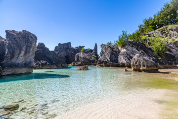 An idyllic cove with rock formations, on the island of Bermuda