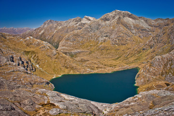 Harris lake from Conical hill on Routeburn track in New Zealand