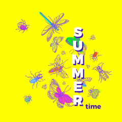 Vector colorful insects. Nature template for summer card