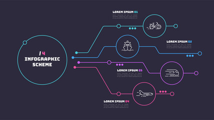 Thin line infographic scheme with 4 options. Vector template for
