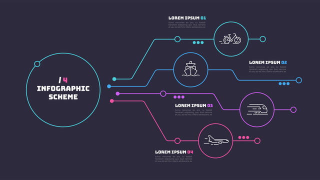 Thin line infographic scheme with 4 options. Vector template for