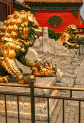 Bronze lions guarding the entrance to the Gate of Heavenly Beauty in the Forbidden City.  Beijing China 