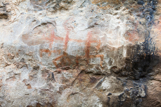 Prehistoric paintings on rock known as petroglyphs in the municipality of Facatativa in Colombia