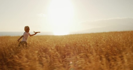 Adorable young boy running through golden field holding wooden airplane