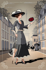 Obrazy  Dziewczyna z parasolem i bukietem róż na paryskiej ulicy. Belle Epoque vintage plakat z Paryża.