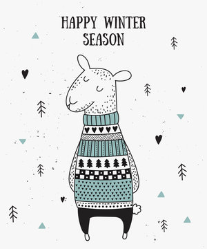 Vector postcard with cute winter sheep in cozy sweater
