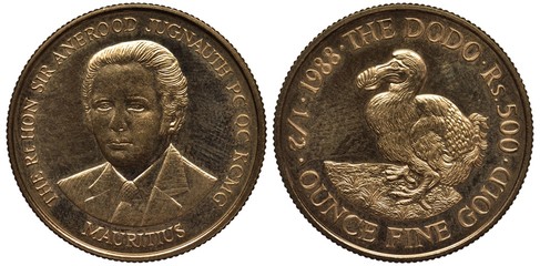 Mauritius Mauritian golden coin 500 five hundred rupees 1988, bust of Anerood Jugnauthin in 1/4 left, extinct Dodo bird, purity info below,  © Yaroslav