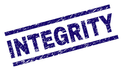 INTEGRITY seal print with grunge style. Blue vector rubber print of INTEGRITY caption with scratched texture. Text caption is placed between parallel lines.