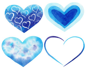 Set of Watercolor hand painted blue hearts. Symbol of love.