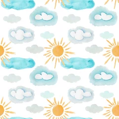 Fototapete Wolken Nahtloses Muster der netten bunten Aquarellwetterelemente. Helle Cartoon-Textur mit gelben Sonnen und blauen und grauen Wolken für Kindertextilien, Geschenkpapier, Wetteroberflächendesign, Hintergrund