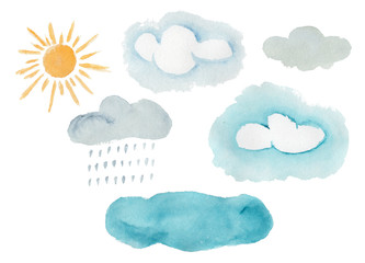 Cute colorful watercolor weather elements. Hand painted decorative clouds, rain drops, yellow sun for kids print design, patterns, stickers, apps and books decoration