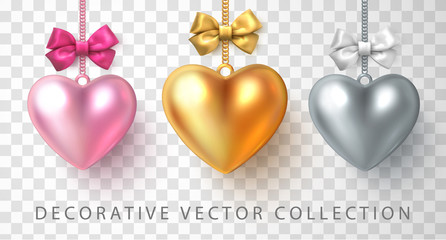Gold, silver and pink 3d hearts with satin bow isolated on transparent background for St. Valentine's Day.