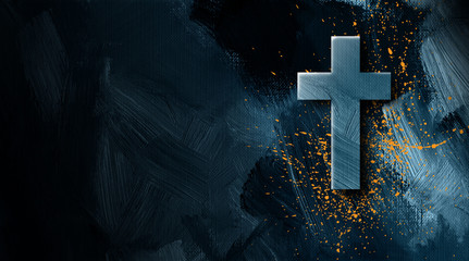 Christian cross with golden paint splatter graphic background